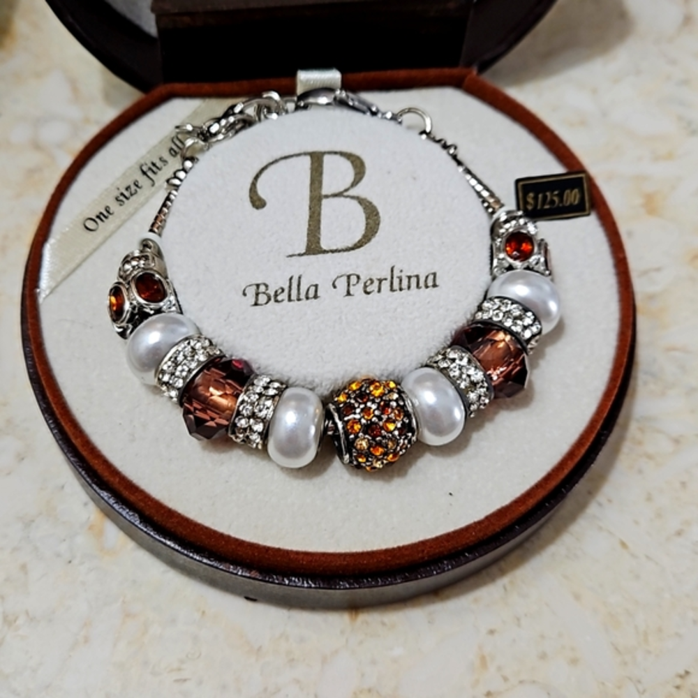 NWT BELLA PERLINA BROWN‎ GOLD WHITE PEARL SILVER CHARM BRACELET